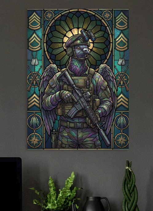 Stained Glass Military Pigeon — metal poster wall art by Lineer